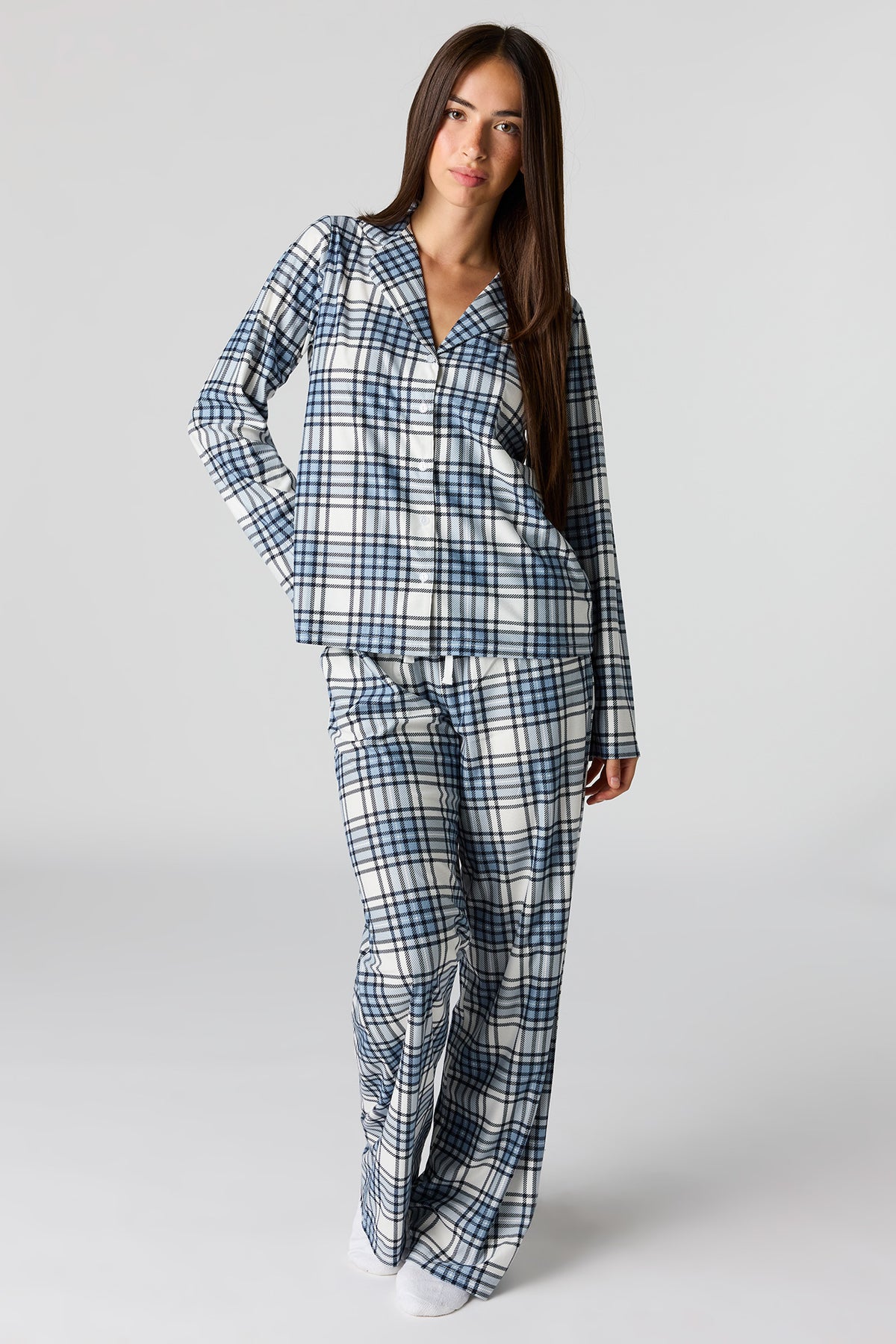 Printed Button-Up Top & Pajama Pant Set - Light Blue
