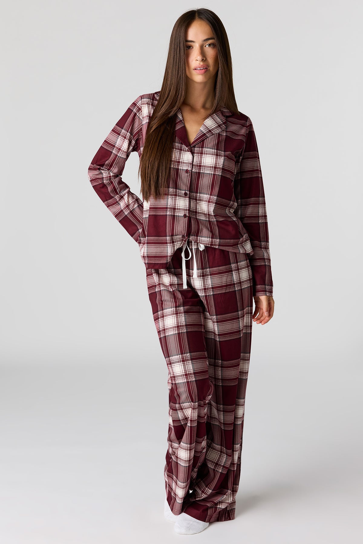 Printed Button-Up Top & Pajama Pant Set - Red
