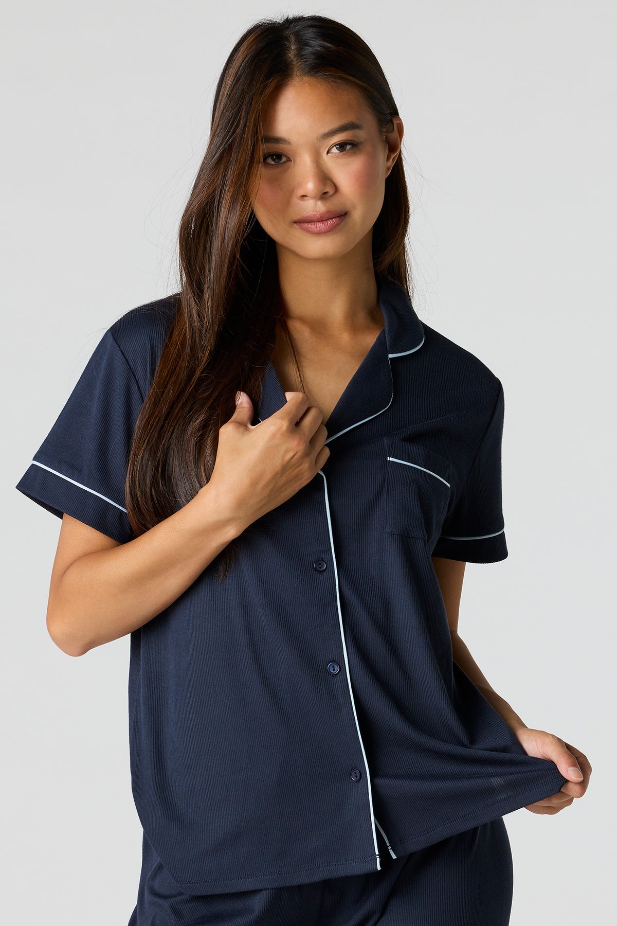 Alt View 2. Satin Button-Up Top & Pant Pajama Set - Navy