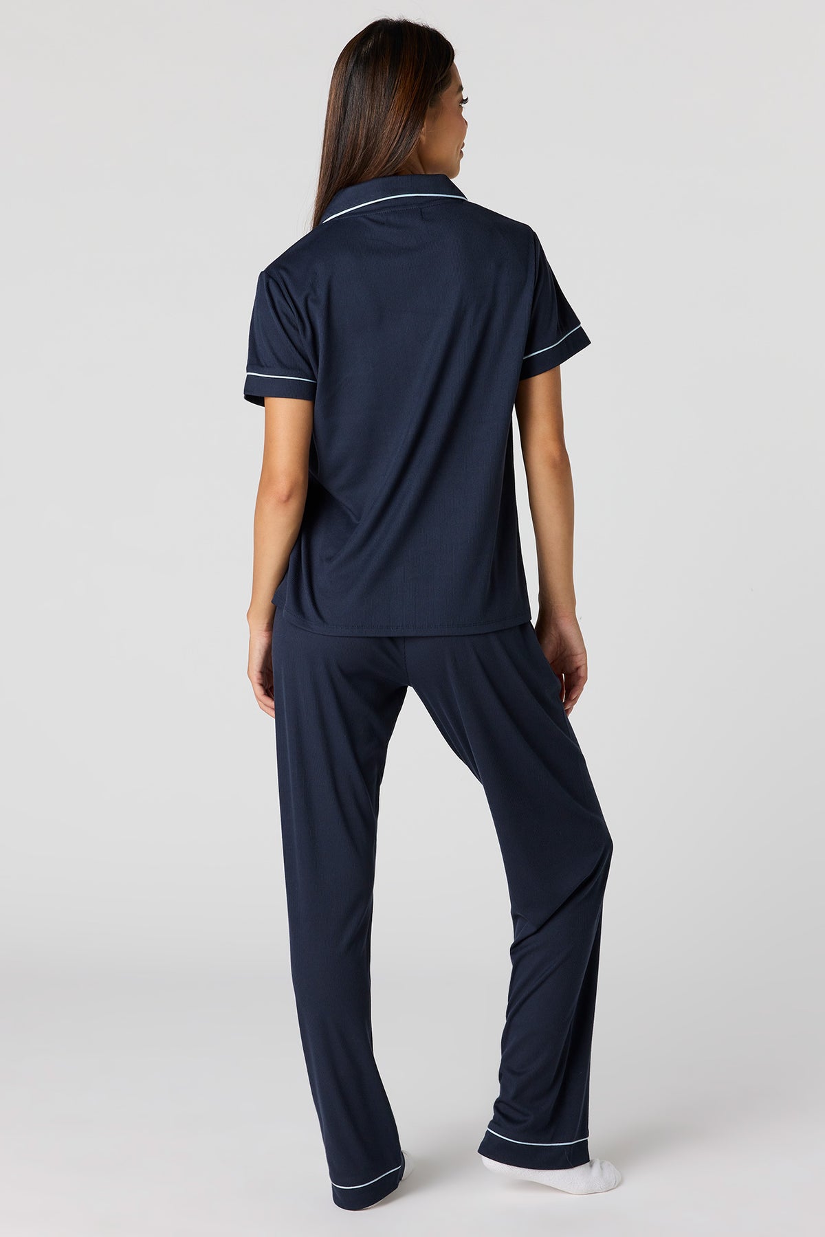 Alt View 4. Satin Button-Up Top & Pant Pajama Set - Navy