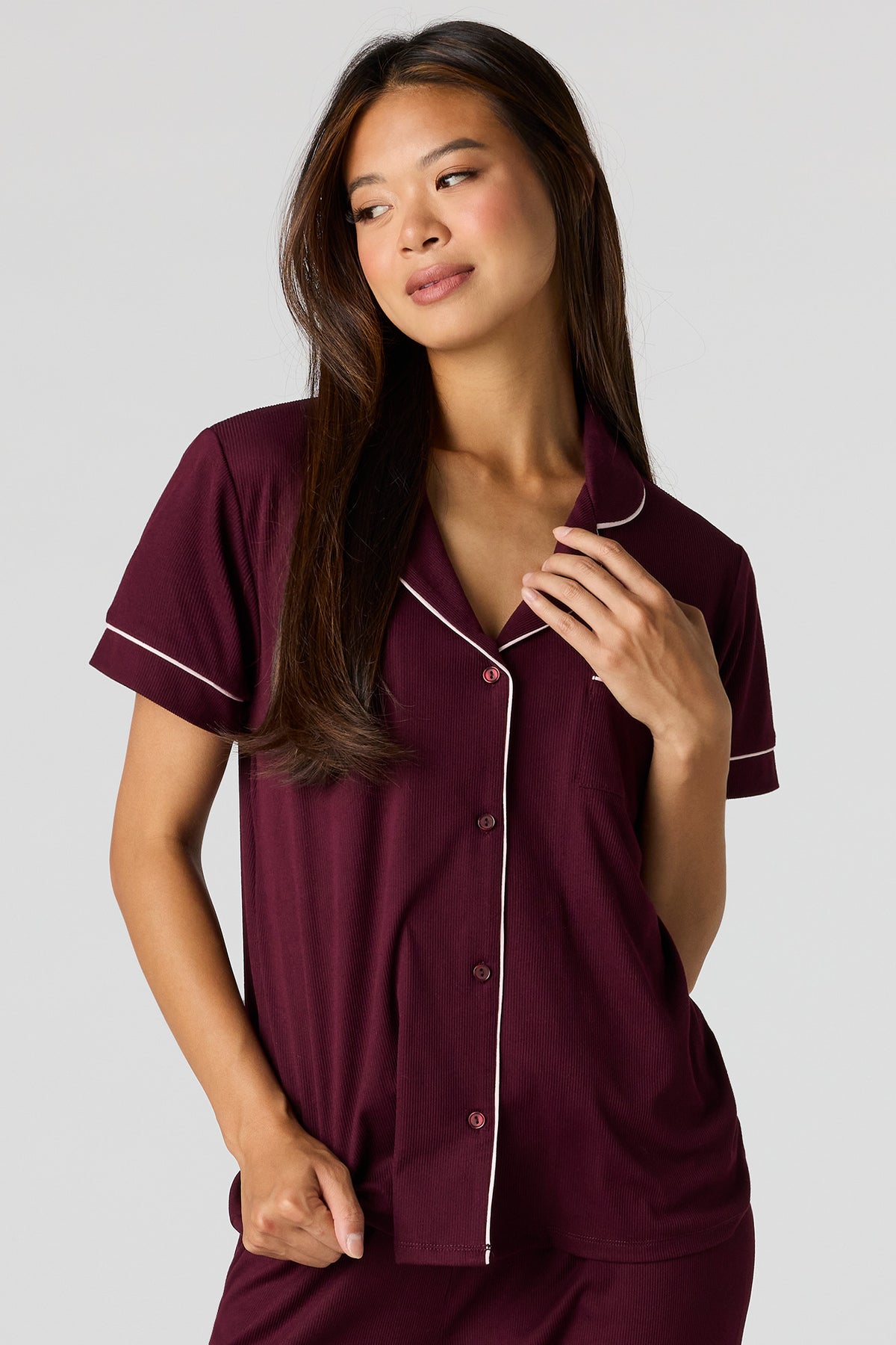 Alt View 2. Satin Button-Up Top & Pant Pajama Set - Burgundy