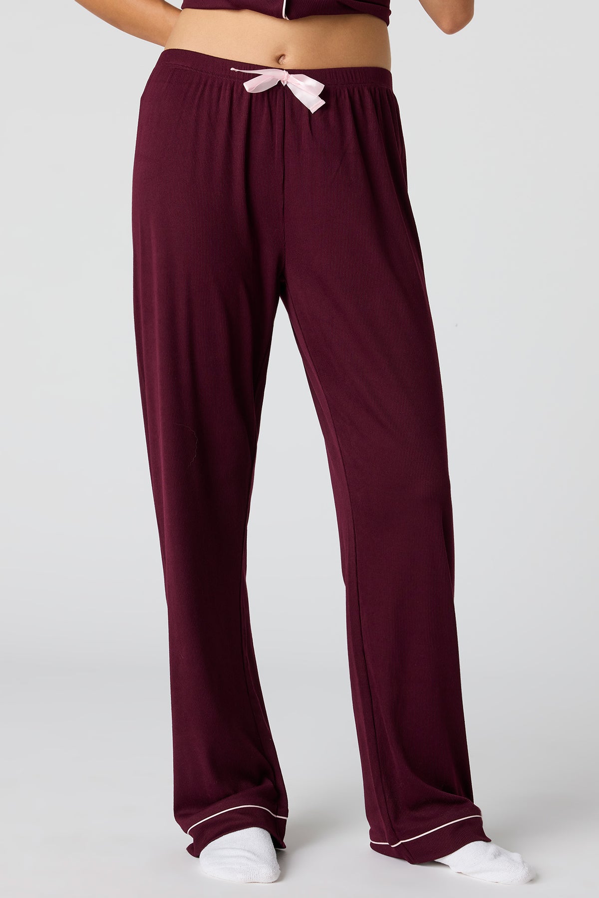 Alt View 3. Satin Button-Up Top & Pant Pajama Set - Burgundy