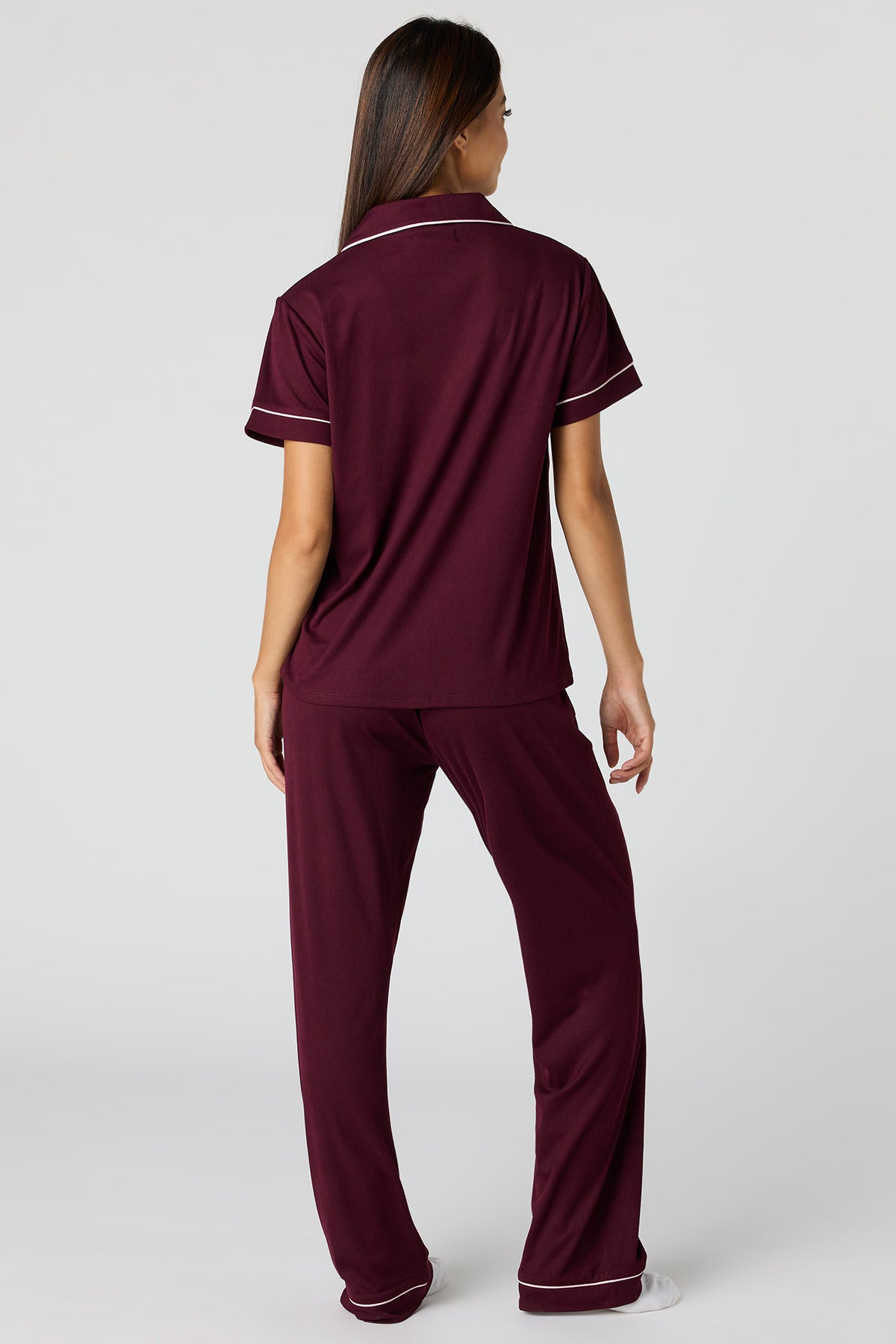Alt View 4. Satin Button-Up Top & Pant Pajama Set - Burgundy