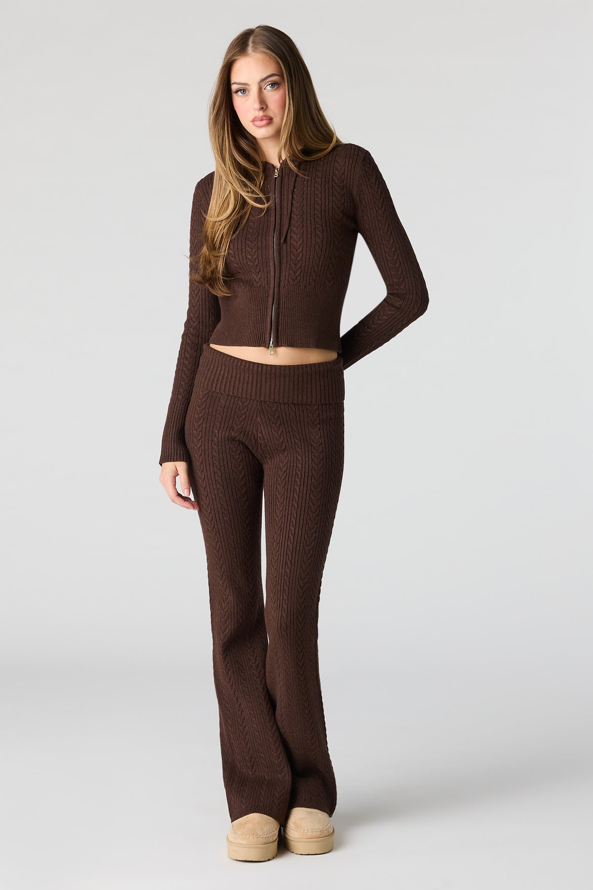 Alt View 3. Cable Knit Zip-Up Hoodie - Brown