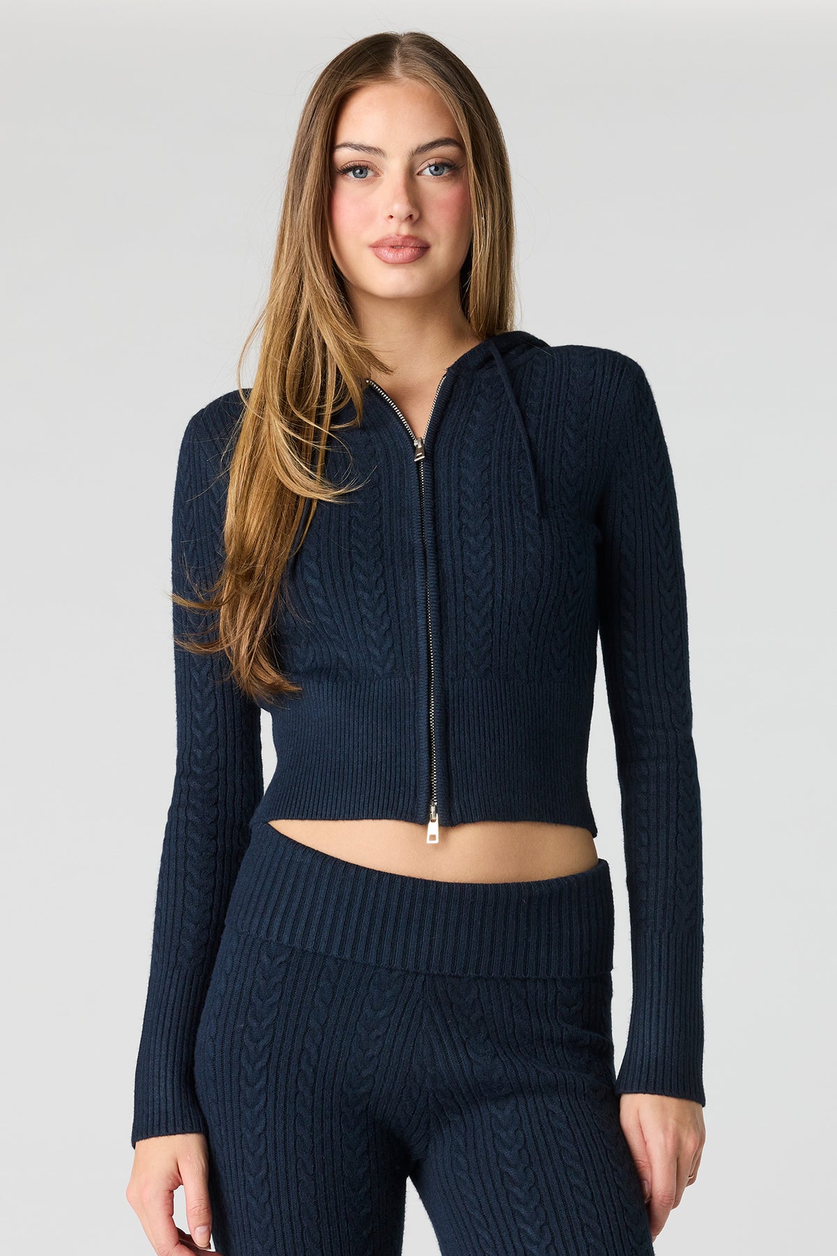 Cable Knit Zip-Up Hoodie - Navy