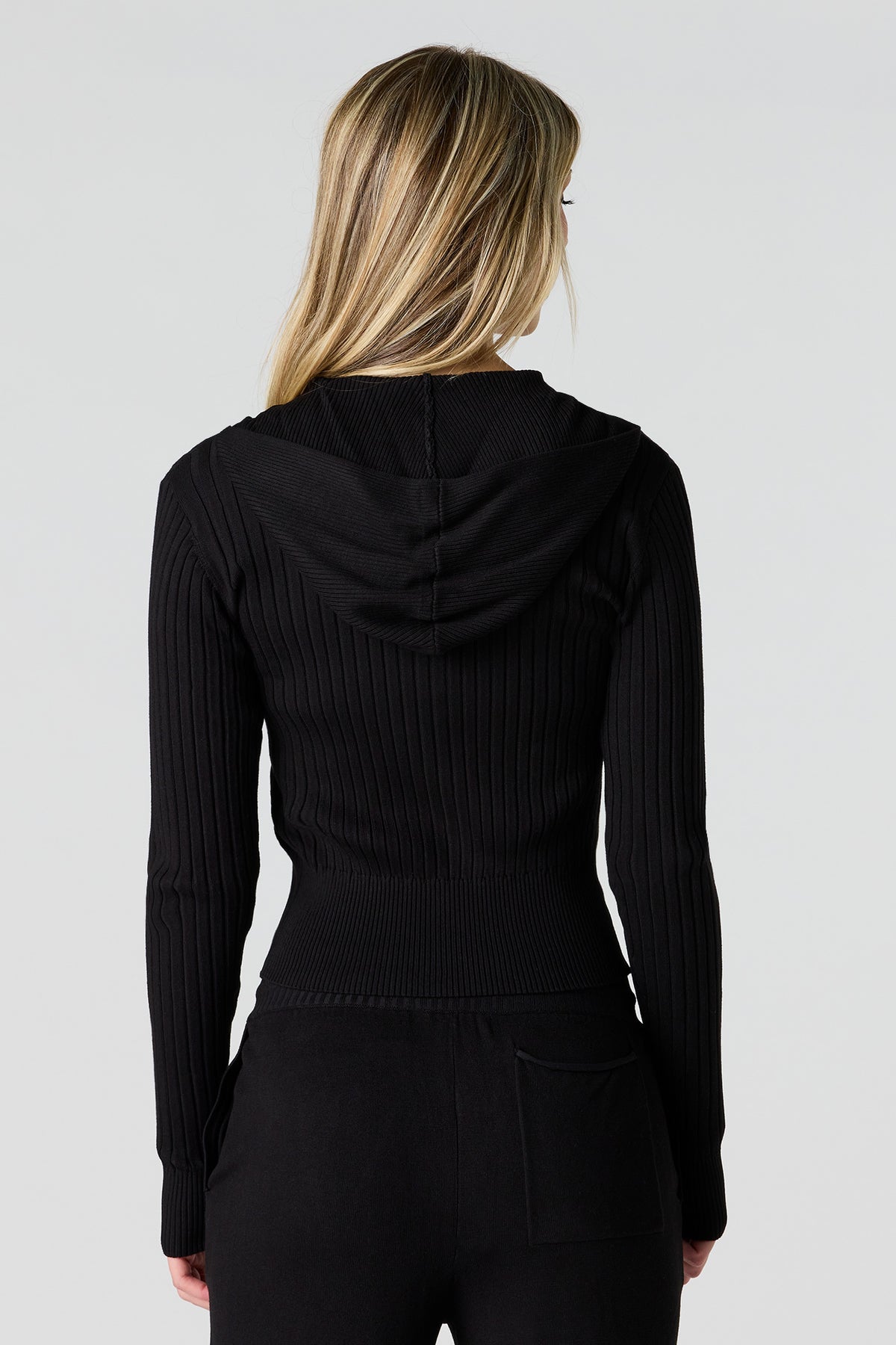 Alt View 2. Ribbed Knit Zip-Up Hoodie - Black