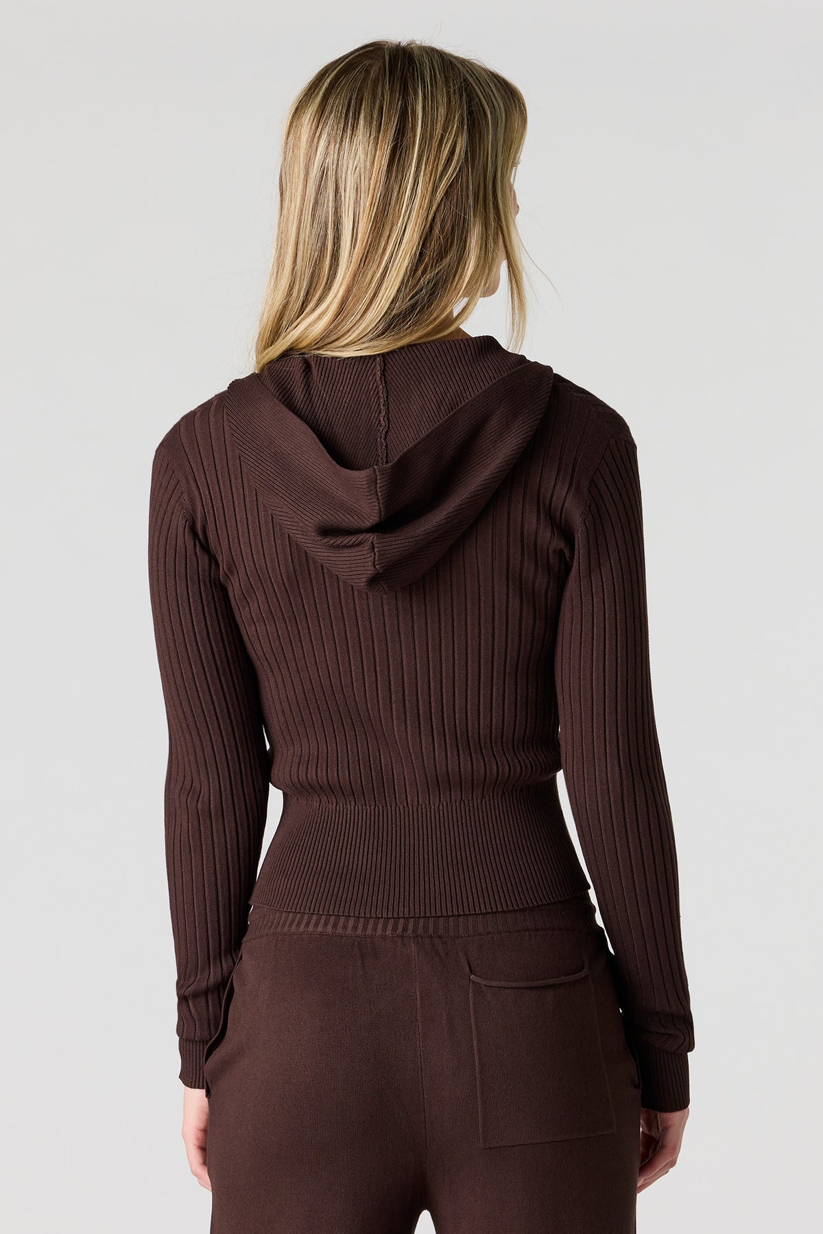 Alt View 2. Ribbed Knit Zip-Up Hoodie - Brown