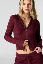 Ribbed Knit Zip-Up Hoodie