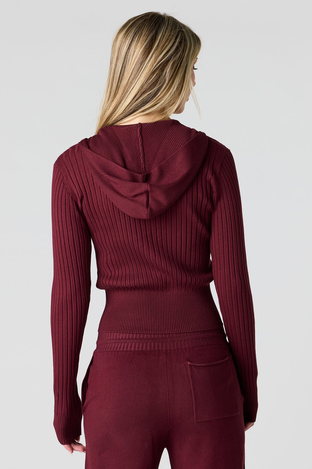 Alt View 2. Ribbed Knit Zip-Up Hoodie - Burgundy
