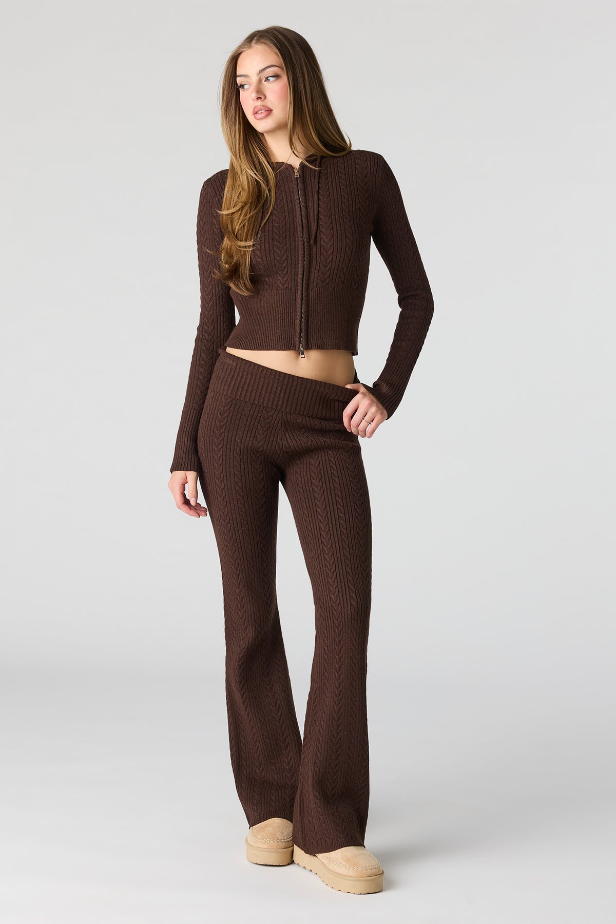 Cable Knit Foldover Waist Flare Pant - Brown