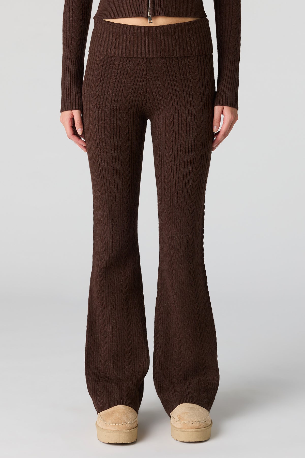 Alt View 2. Cable Knit Foldover Waist Flare Pant - Brown