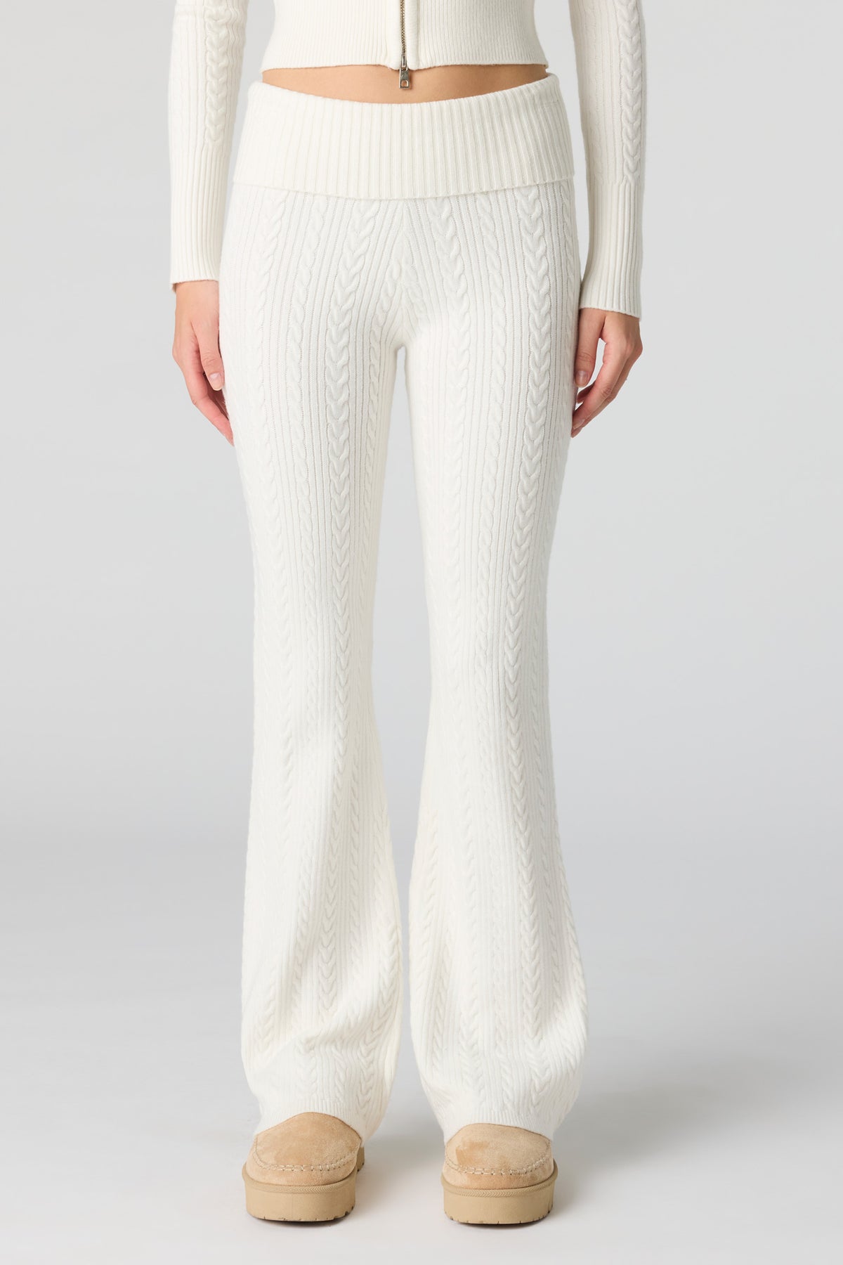 Alt View 2. Cable Knit Foldover Waist Flare Pant - Ivory
