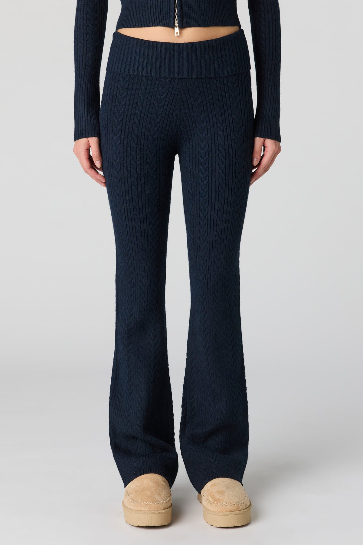 Alt View 2. Cable Knit Foldover Waist Flare Pant - Navy