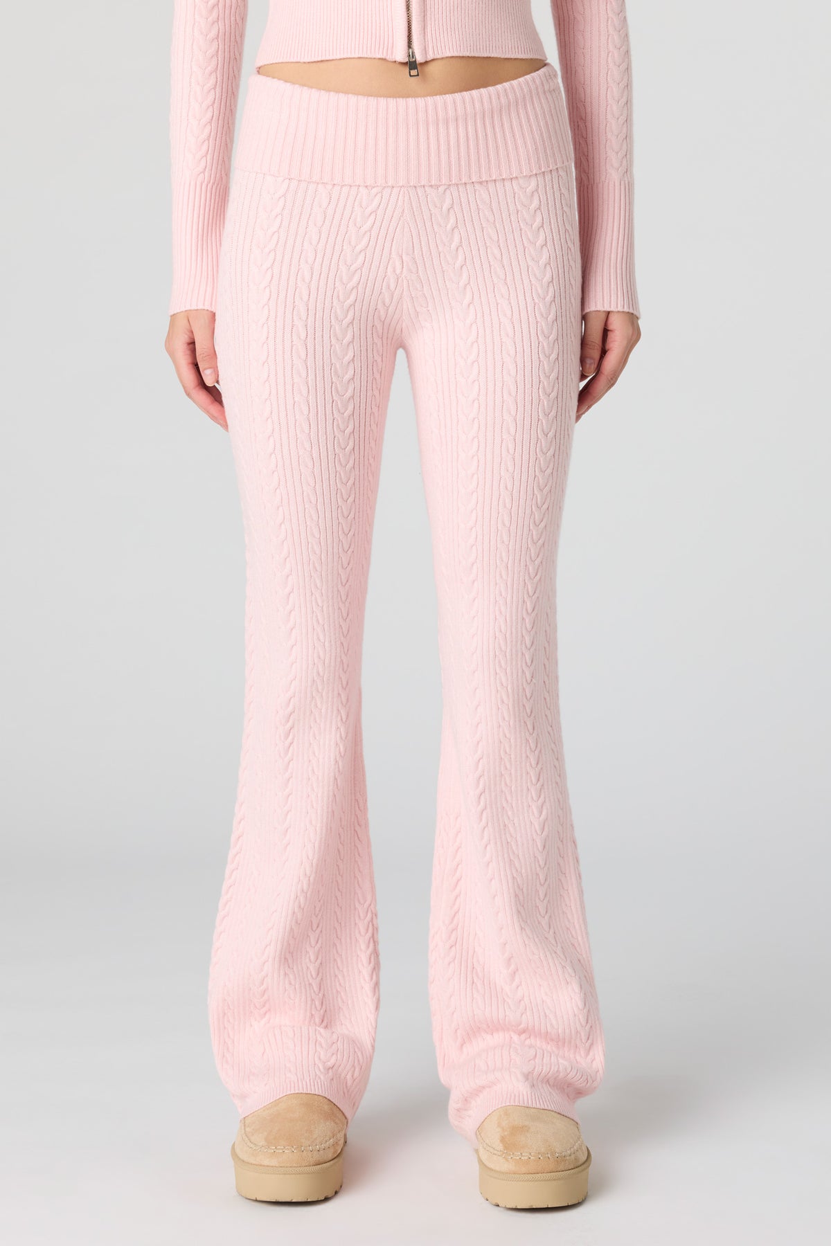 Alt View 2. Cable Knit Foldover Waist Flare Pant - Light Pink