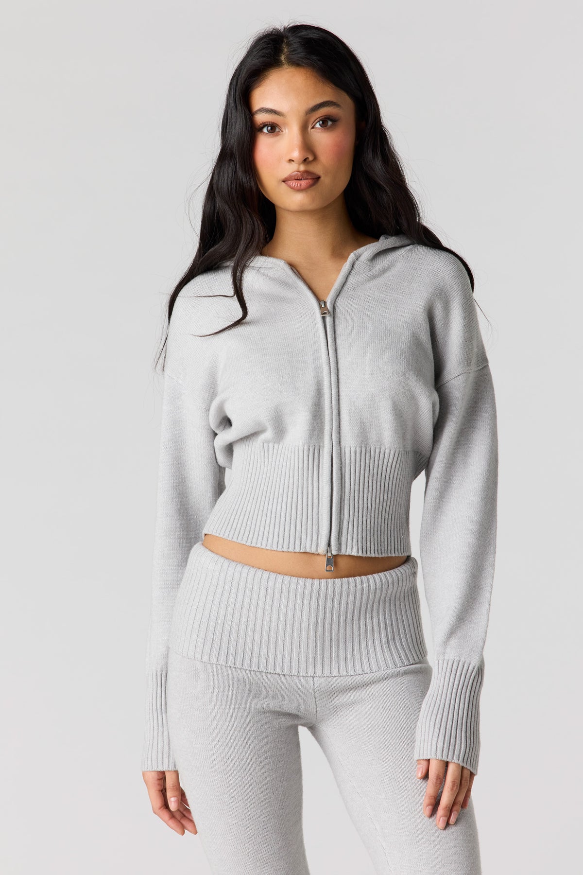 Knit 2 Way Zip Hoodie - Heather Grey