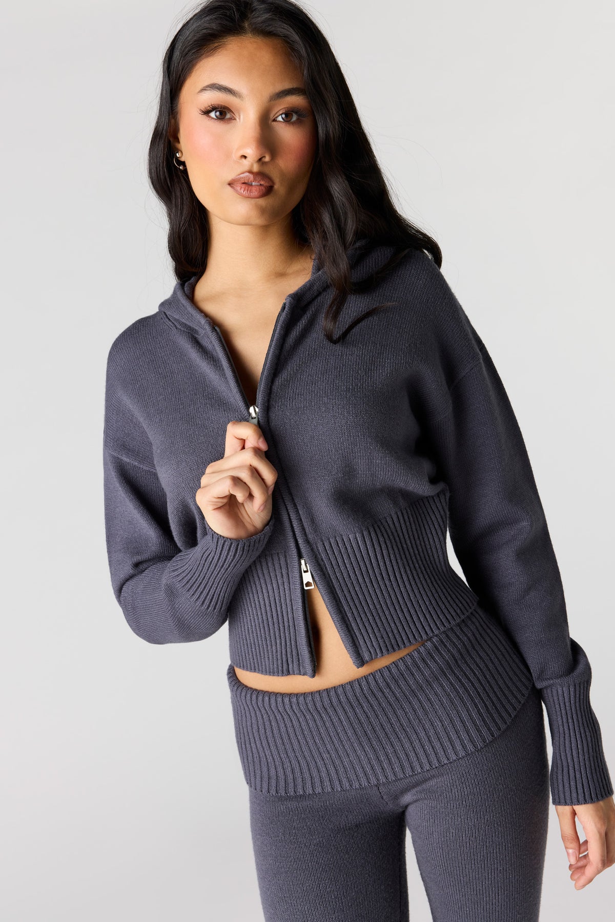 Knit 2 Way Zip Hoodie - Dark Grey