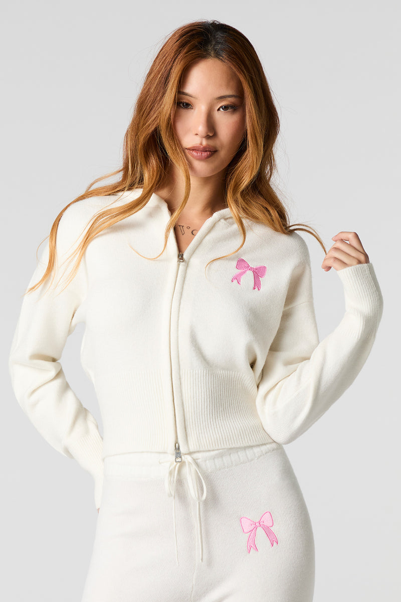 Embroidered Zip-Up Knit Hoodie