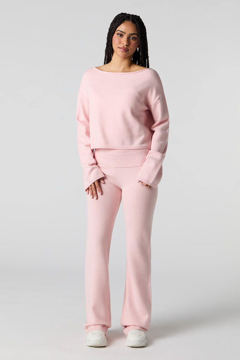 Pantalon à jambe évasée en tricot avec taille pliée