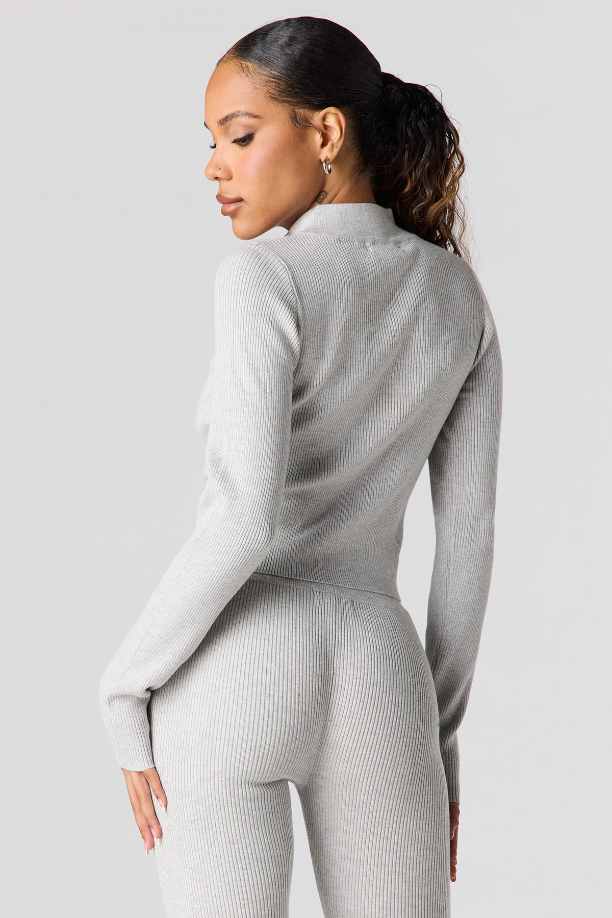 Alt View 2. Ribbed 2-Way Zip-Up Long Sleeve Top - Heather Grey
