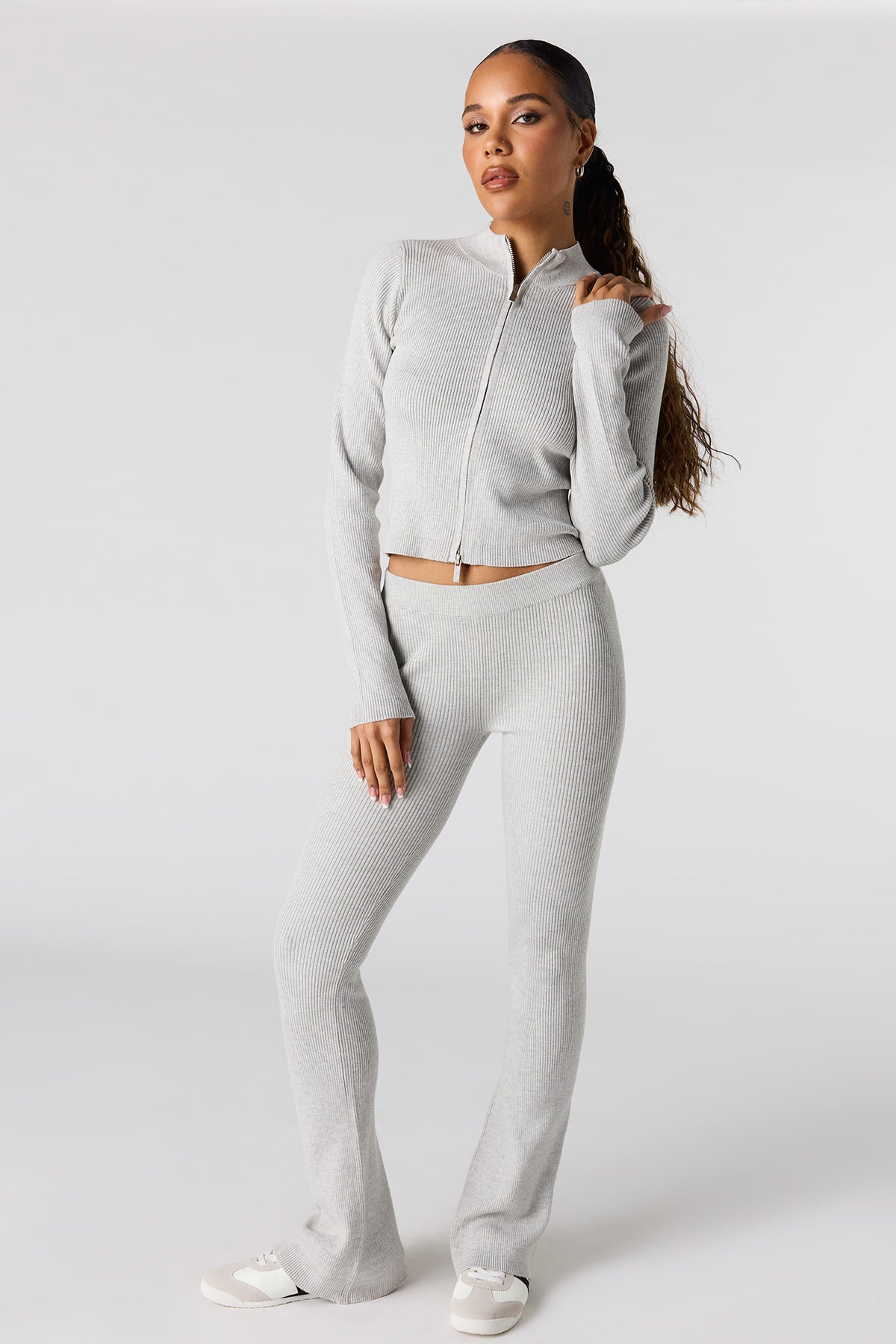 Alt View 3. Ribbed 2-Way Zip-Up Long Sleeve Top - Heather Grey