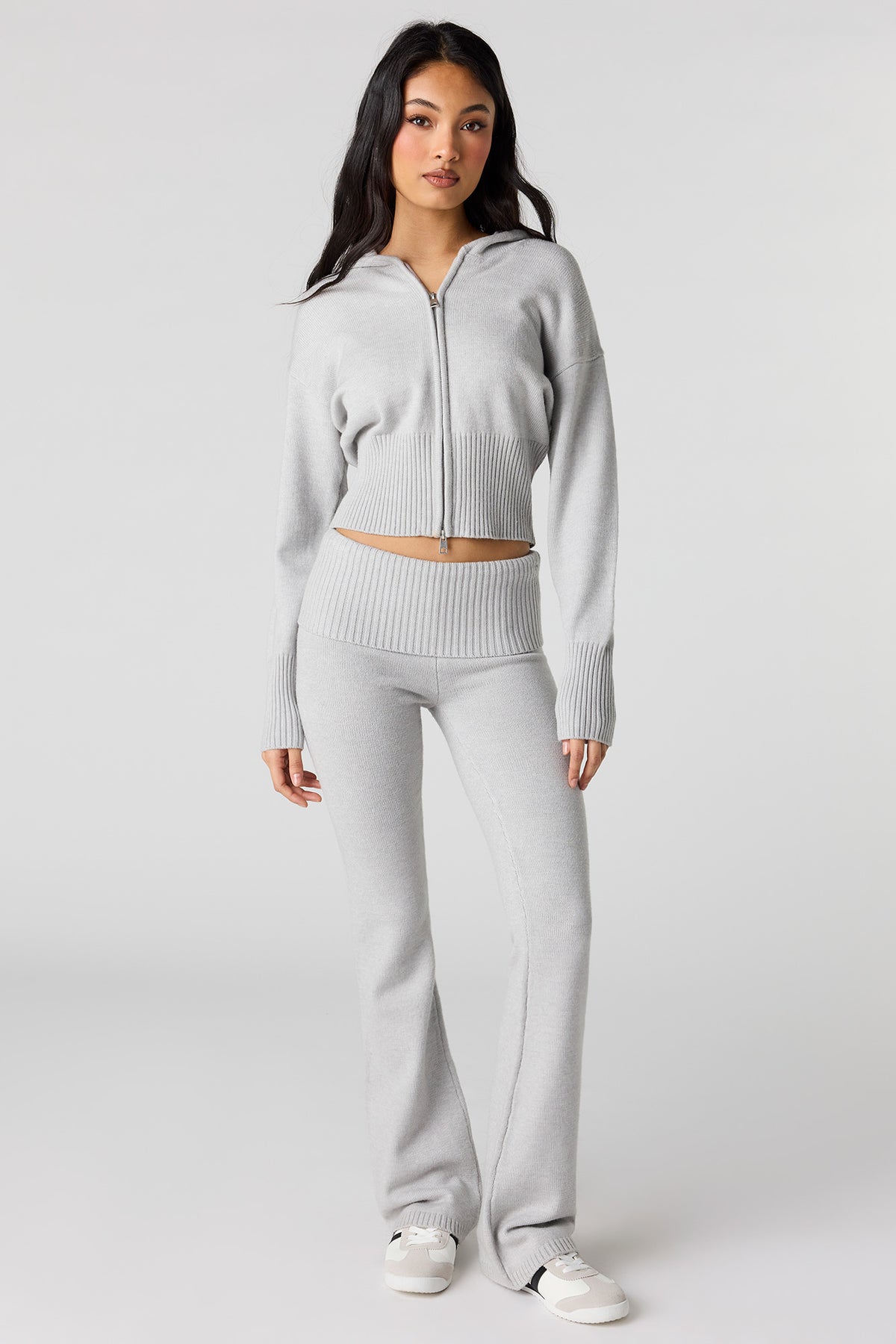 Knit Foldover Waist Flare Pant - Heather Grey