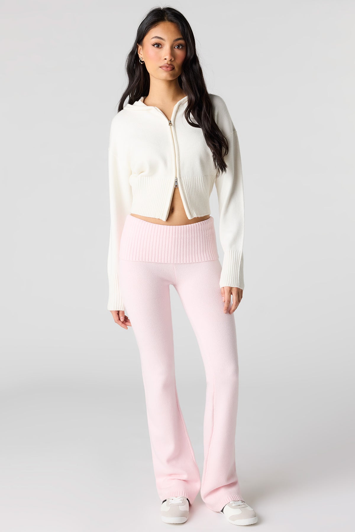 Knit Foldover Waist Flare Pant - Light Pink
