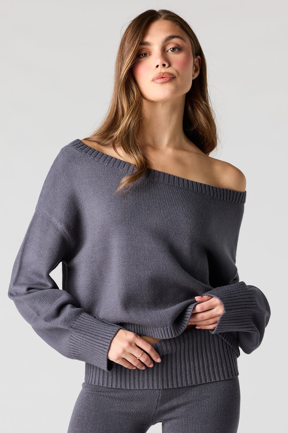 Off Shoulder Boxy Sweater - Charcoal