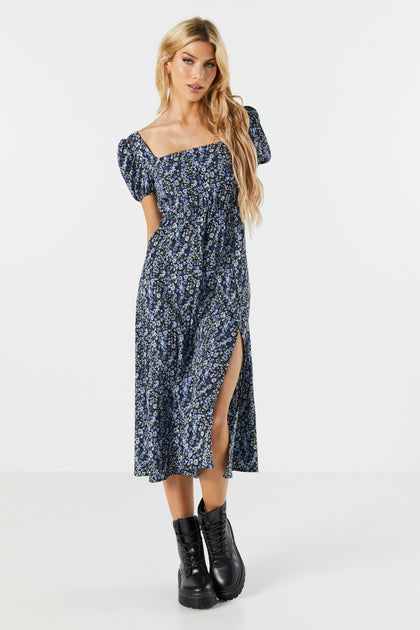 Blue Floral Slit Milkmaid Midi Dress Urban Planet 