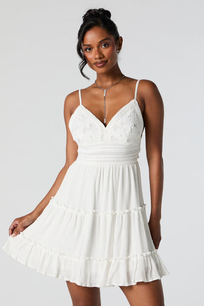 Floral Lace Crochet Sweetheart Tiered Mini Dress