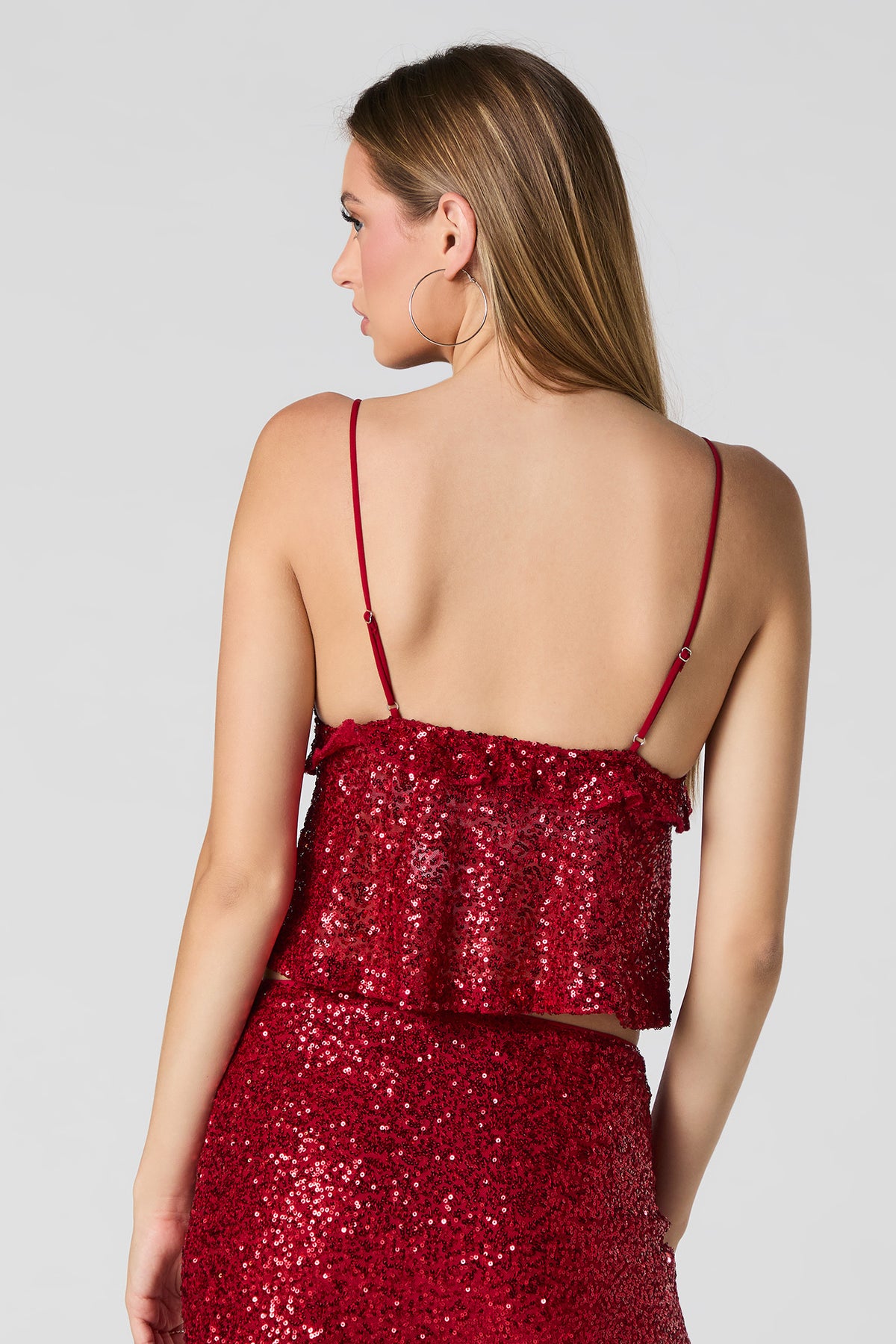 Alt View 2. Sequin Babydoll Ruffle Top - Red