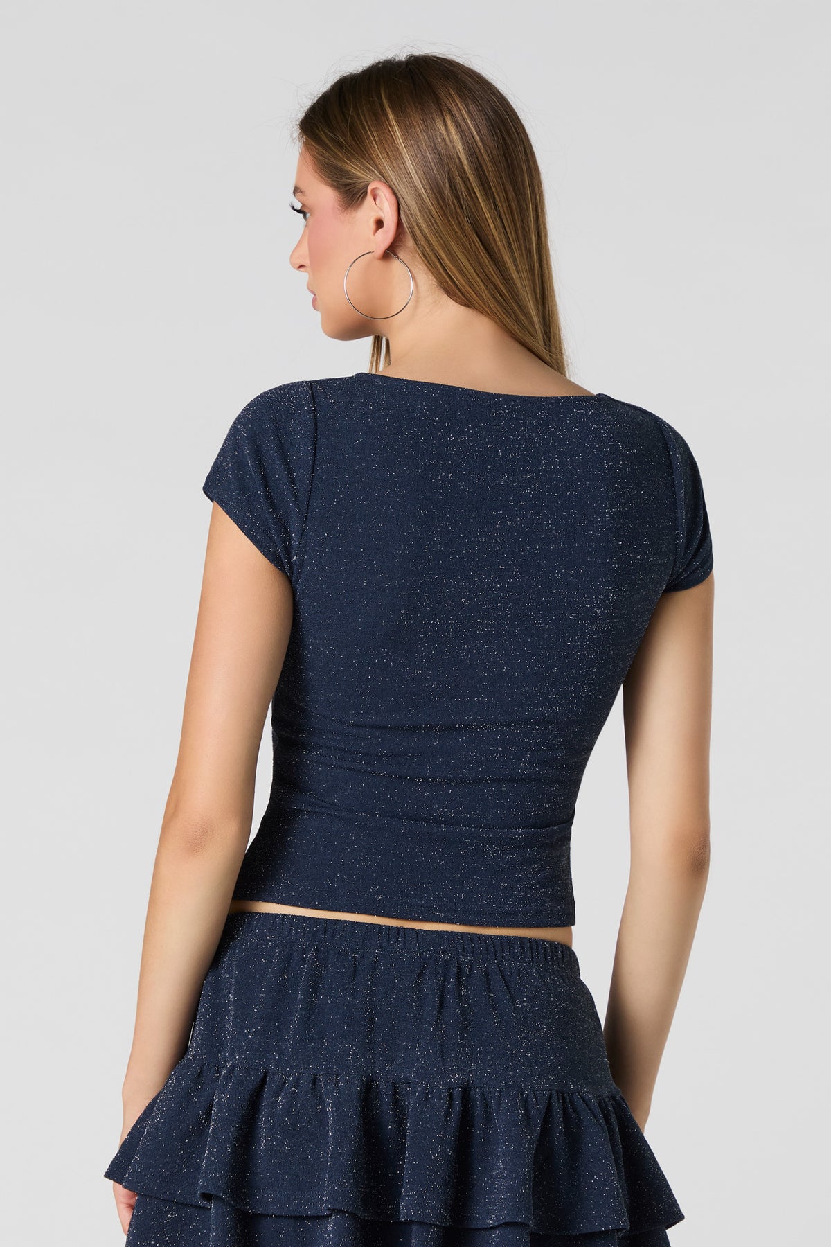 Alt View 2. Sparkle Short Sleeve Cropped Top - Navy