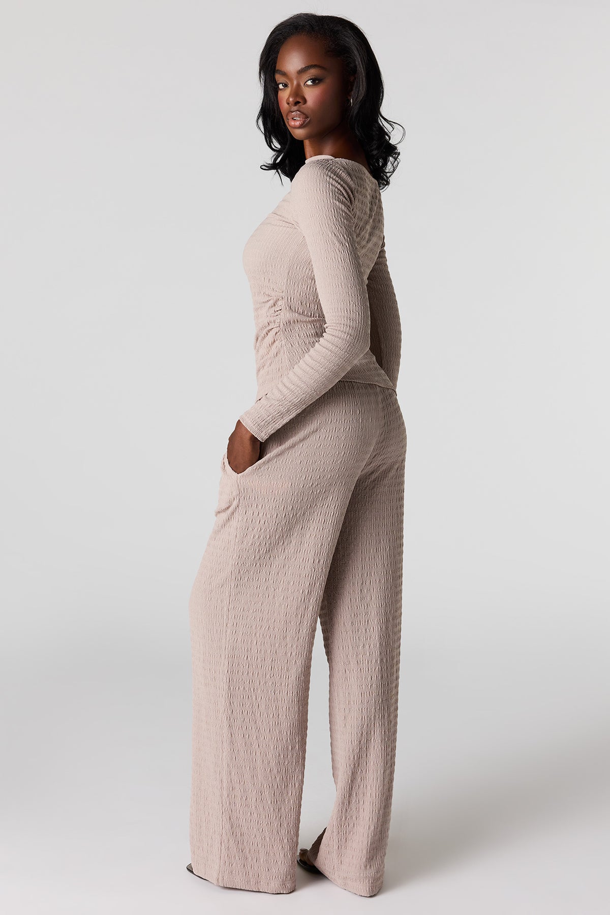 Alt View 3. Textured Wide Leg Pant - Taupe