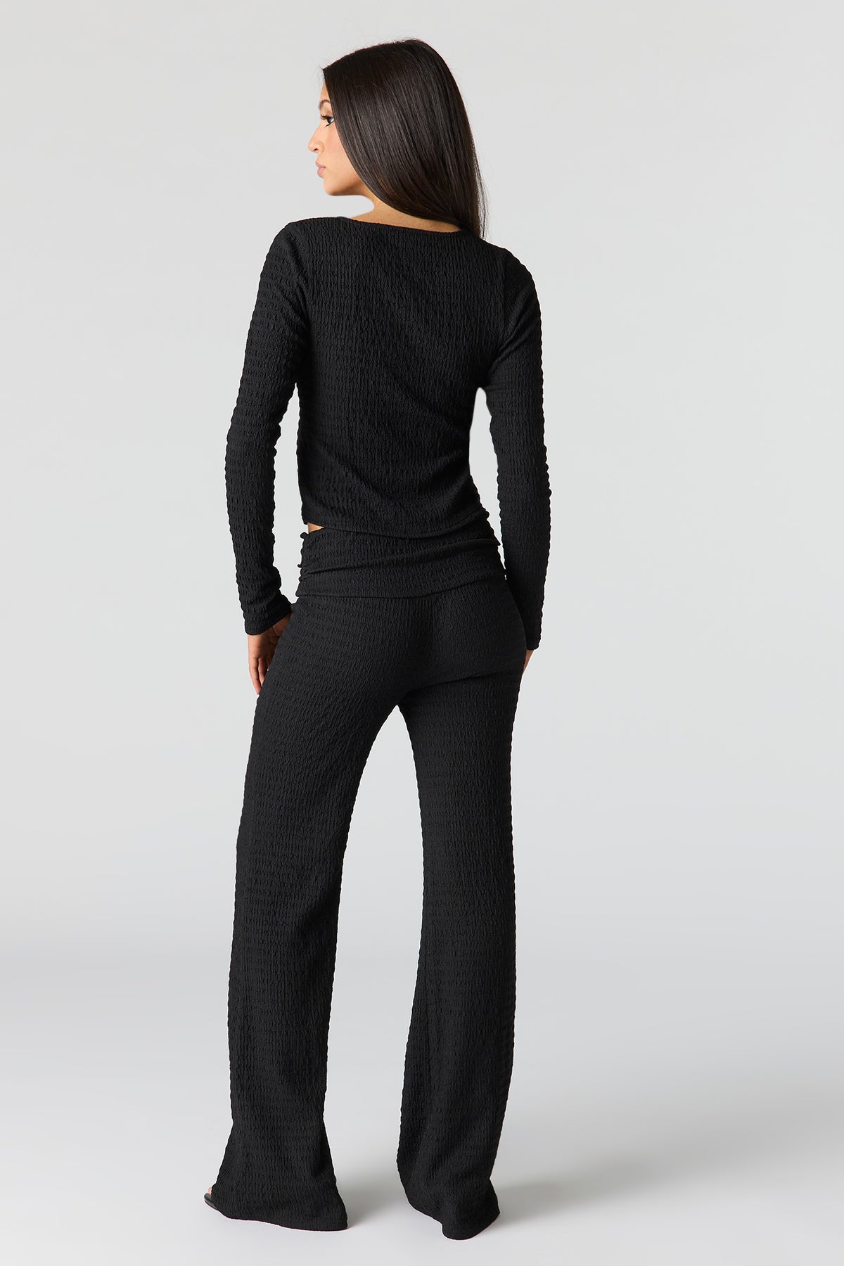 Alt View 3. Textured Foldover Flare Pant - Black