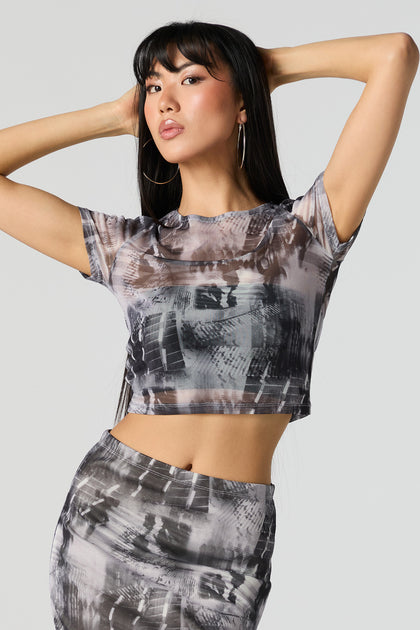T-shirt court en filet avec motif abstrait