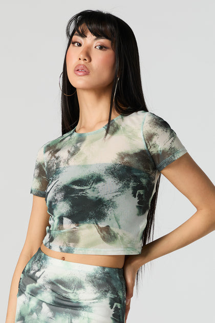Green Abstract Mesh Cropped T-Shirt