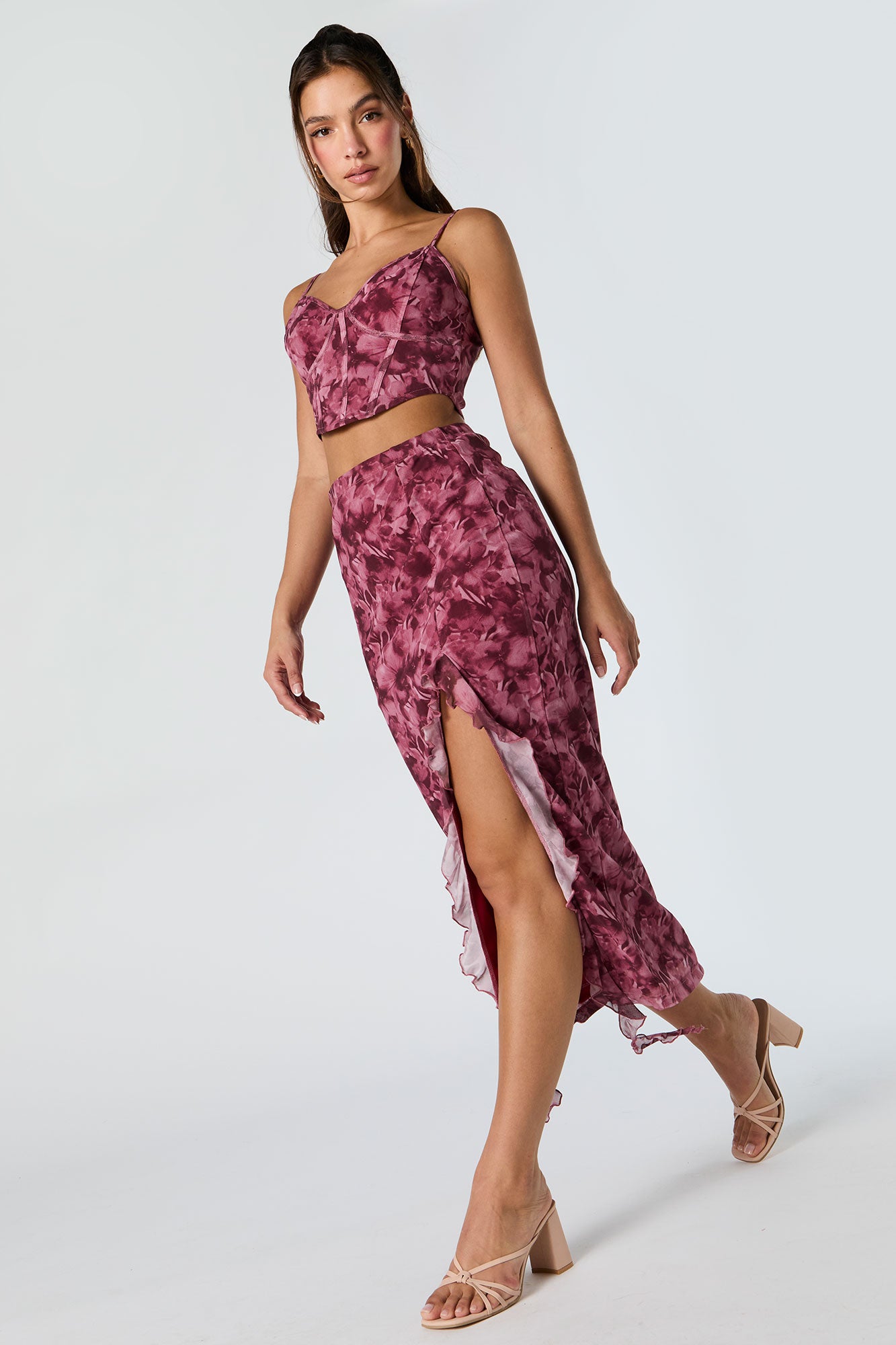 Floral Mesh Ruffle Slit Midi Skirt