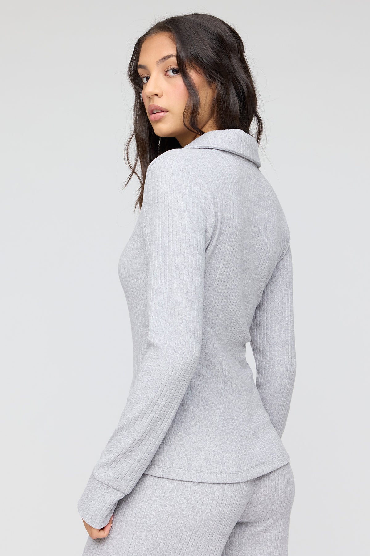 Alt View 2. Ribbed Collared Button-Up Cardigan - Heather Grey