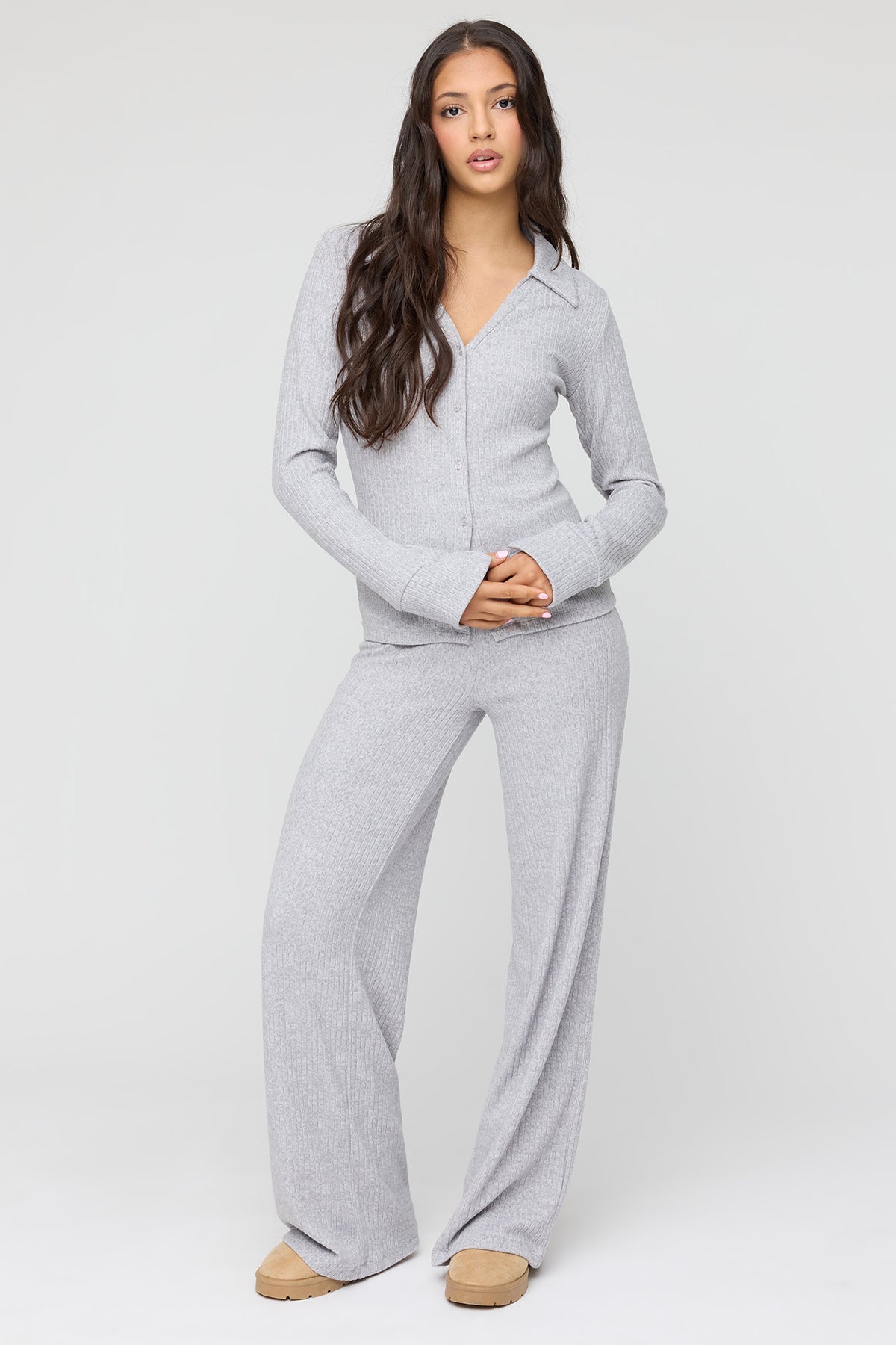Alt View 3. Ribbed Collared Button-Up Cardigan - Heather Grey