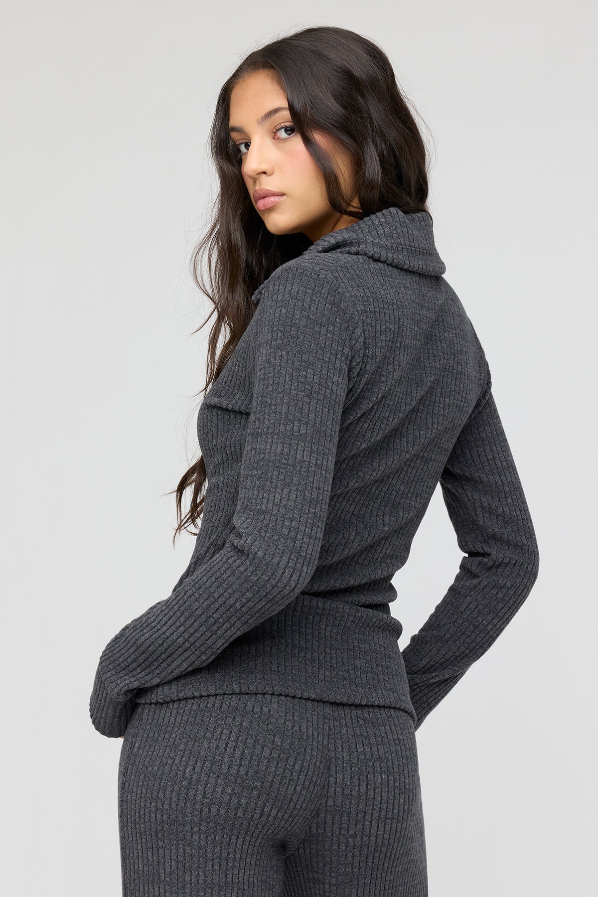Alt View 2. Ribbed Collared Button-Up Cardigan - Dark Grey