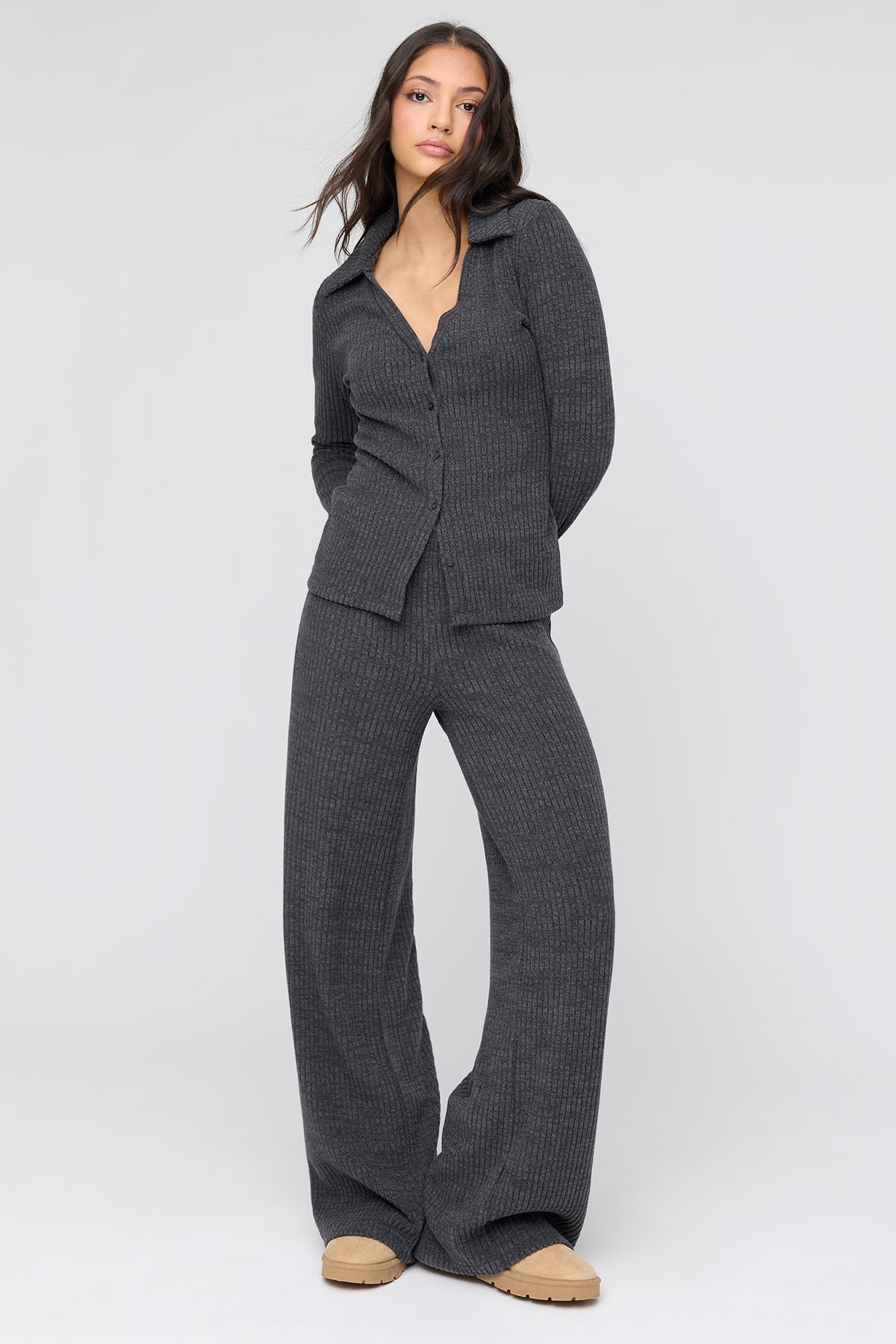 Alt View 3. Ribbed Collared Button-Up Cardigan - Dark Grey