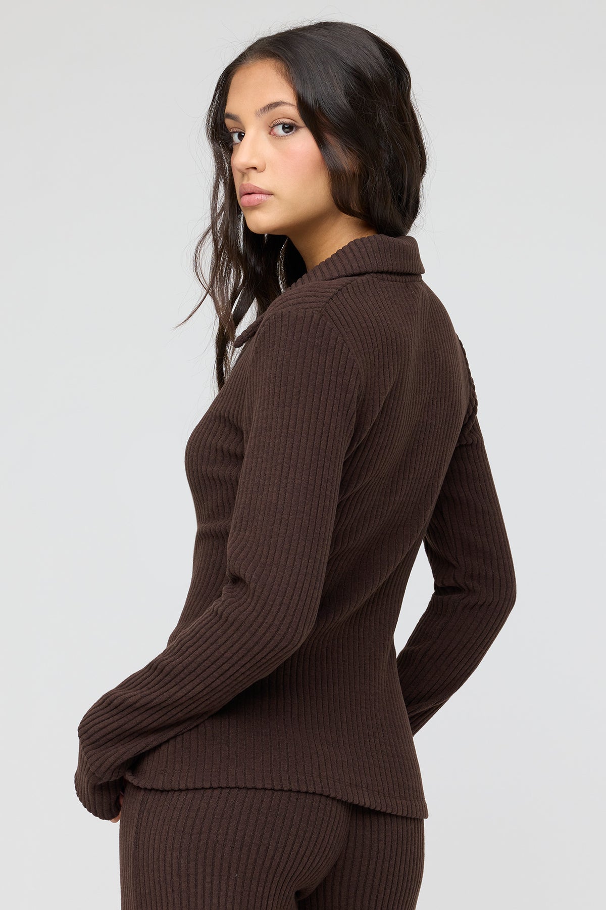 Alt View 2. Ribbed Collared Button-Up Cardigan - Brown