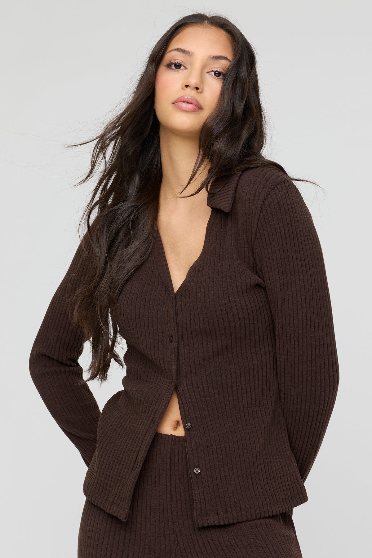 Ribbed Collared Button-Up Cardigan - Brown