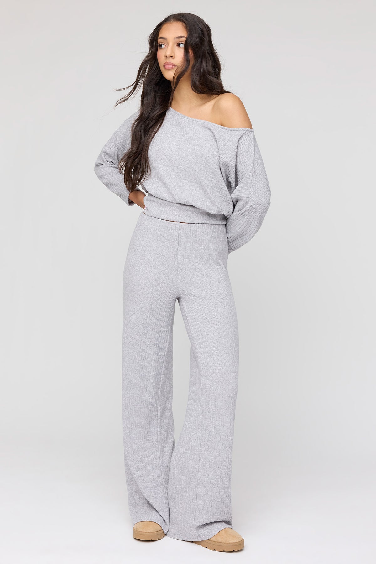Ribbed Knit Wide Leg Pant - Heather Grey