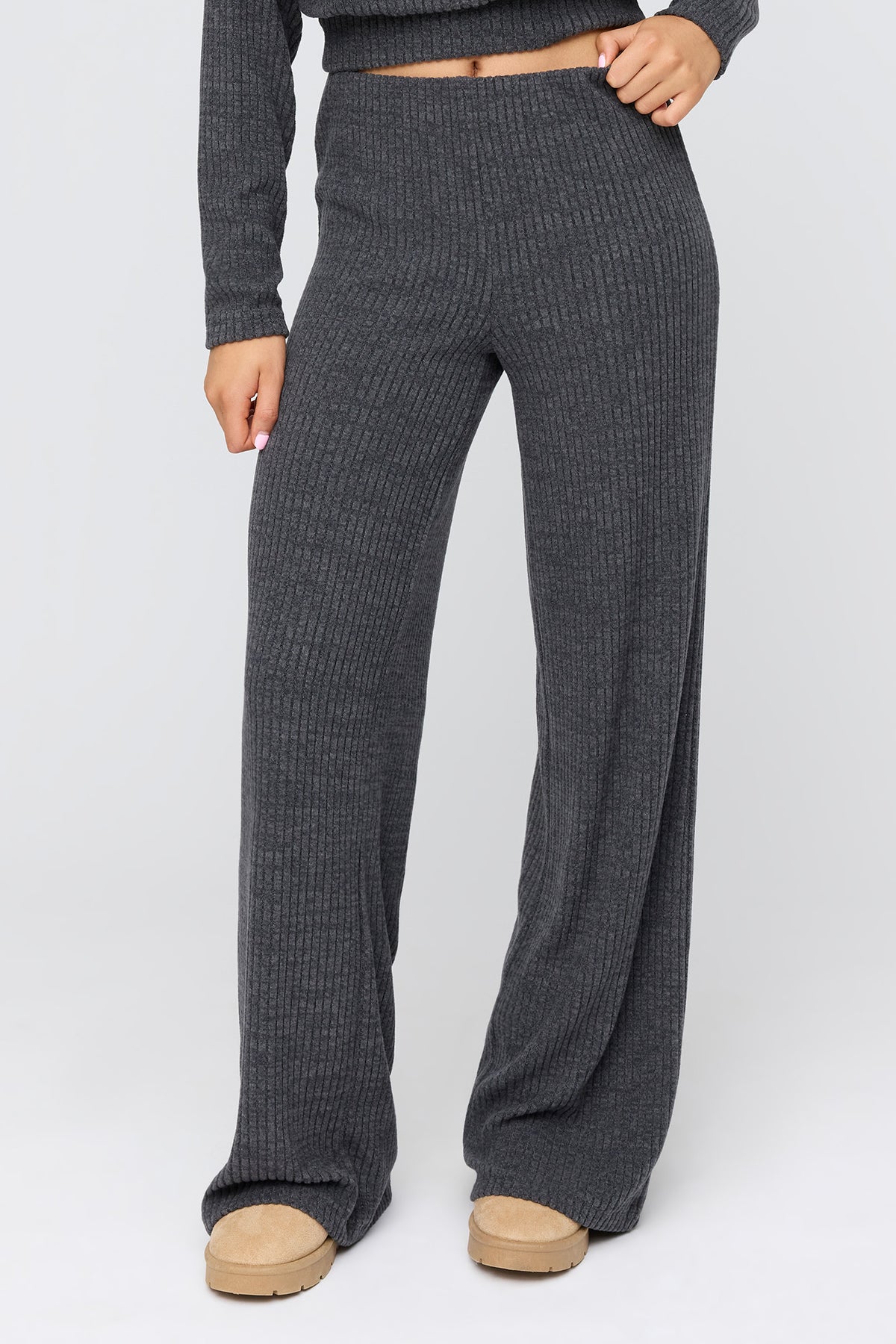 Alt View 2. Ribbed Knit Wide Leg Pant - Dark Grey