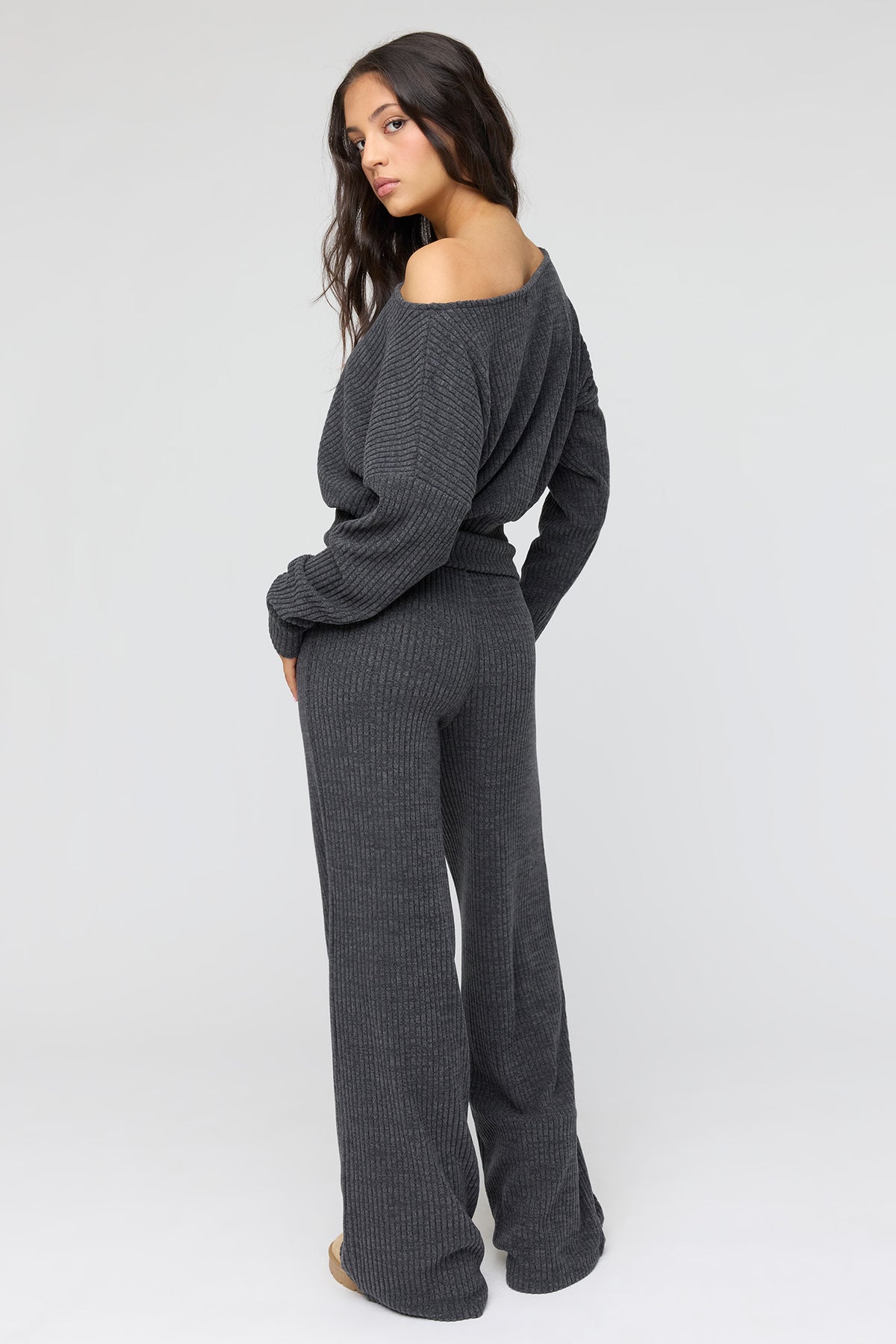 Alt View 3. Ribbed Knit Wide Leg Pant - Dark Grey
