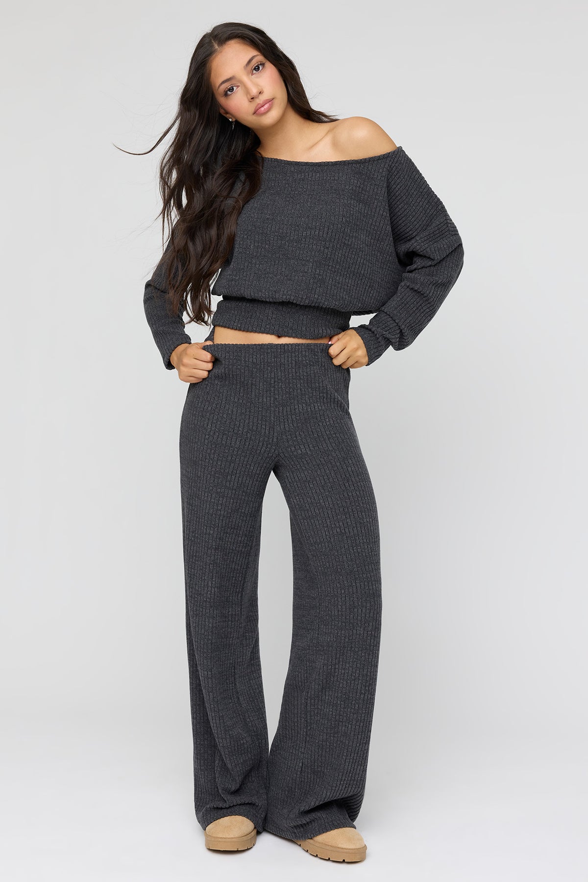 Ribbed Knit Wide Leg Pant - Dark Grey