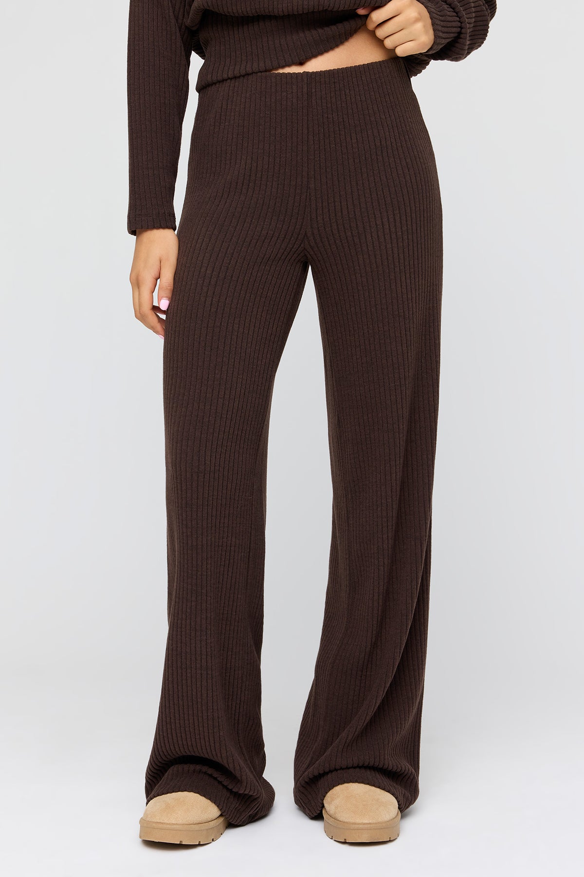 Alt View 2. Ribbed Knit Wide Leg Pant - Brown