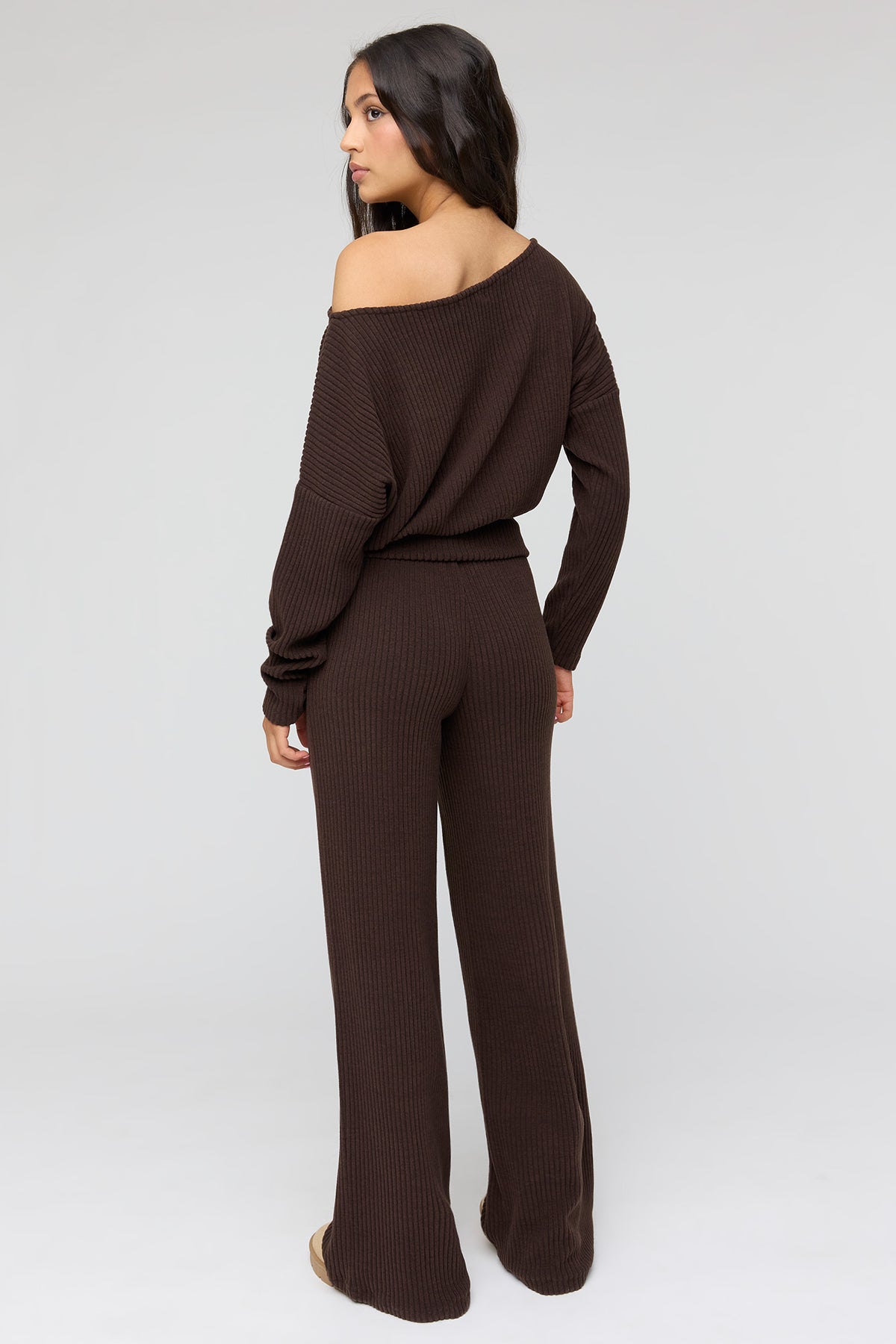 Alt View 3. Ribbed Knit Wide Leg Pant - Brown