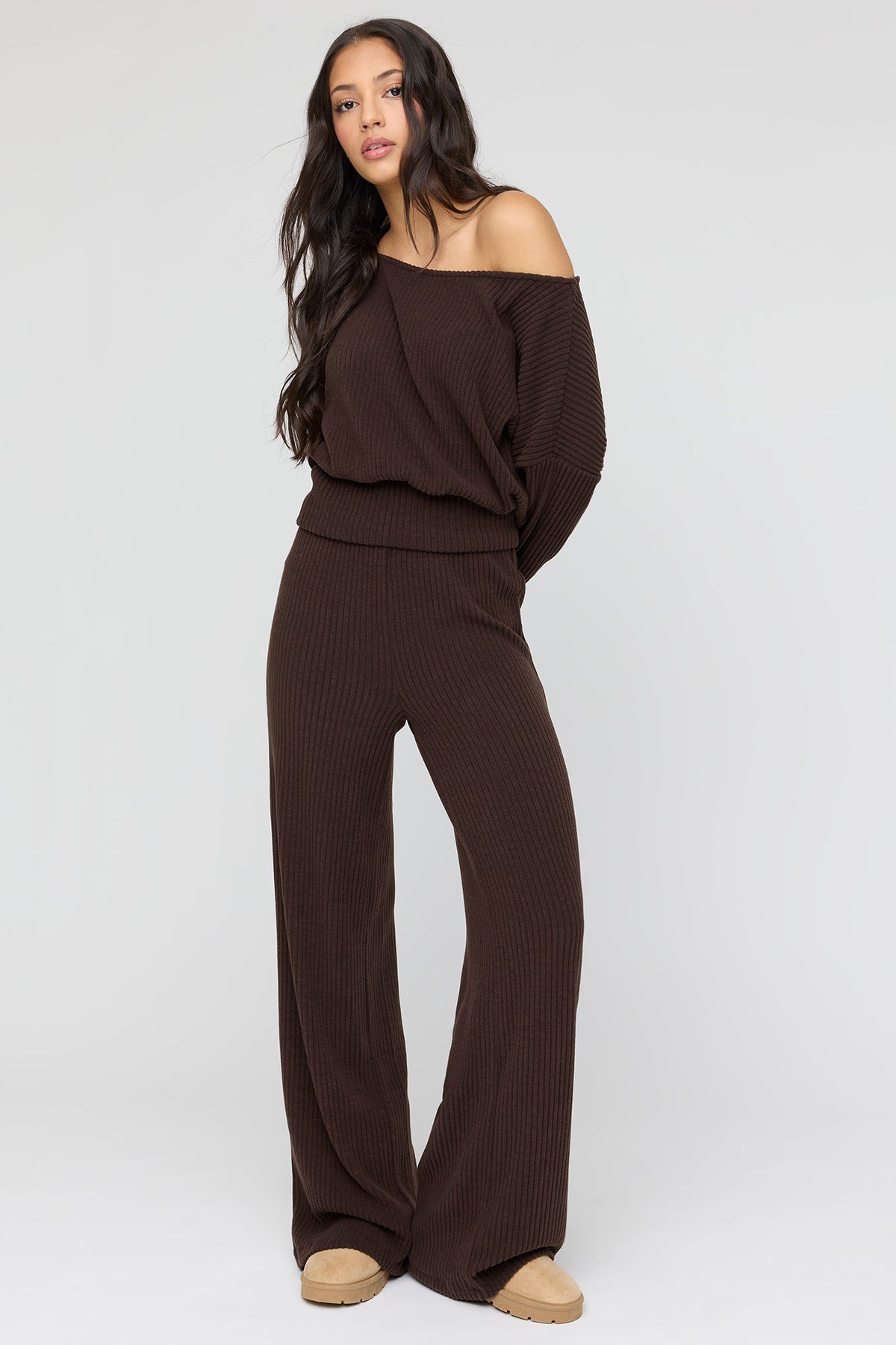 Ribbed Knit Wide Leg Pant - Brown