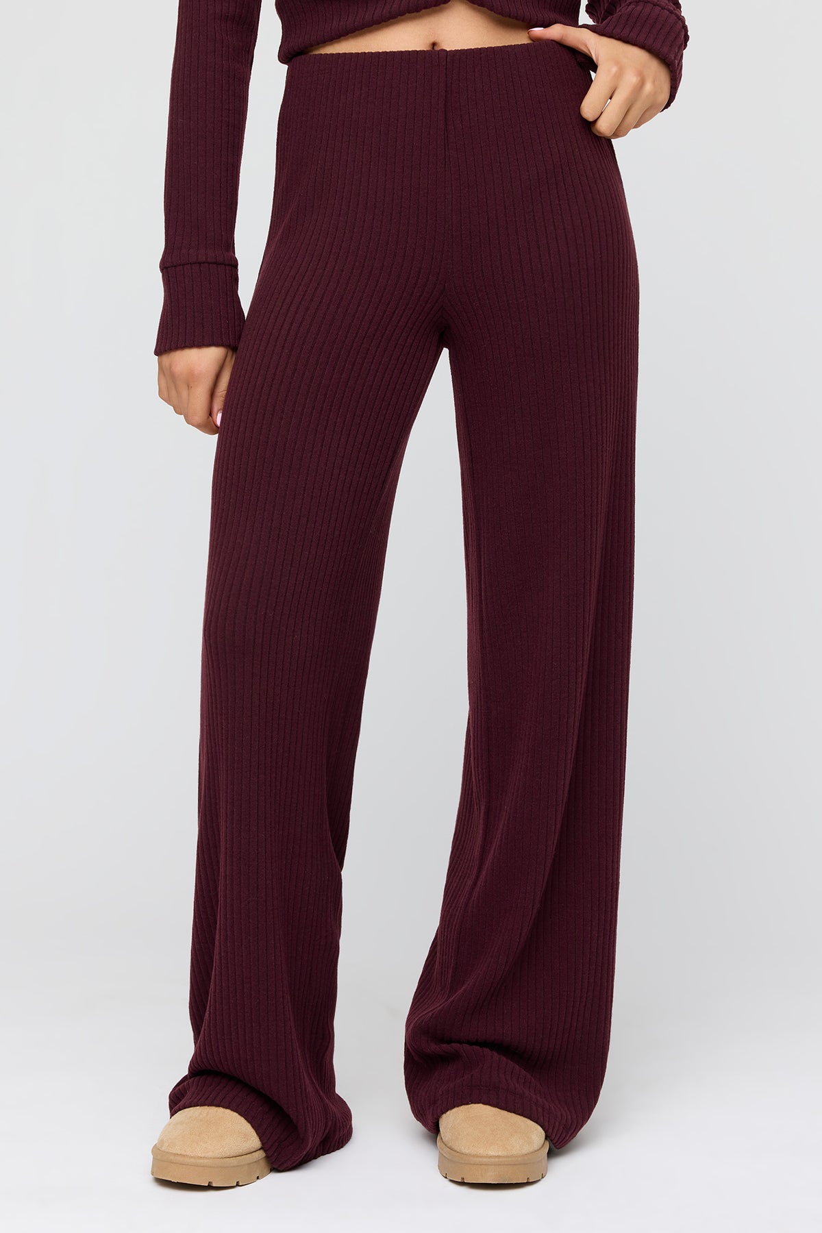 Alt View 2. Ribbed Knit Wide Leg Pant - Burgundy